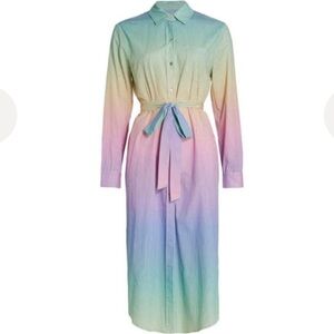 LE SUPERBE rainbow stripe girlfriend cover up midi shirt dress with belt new